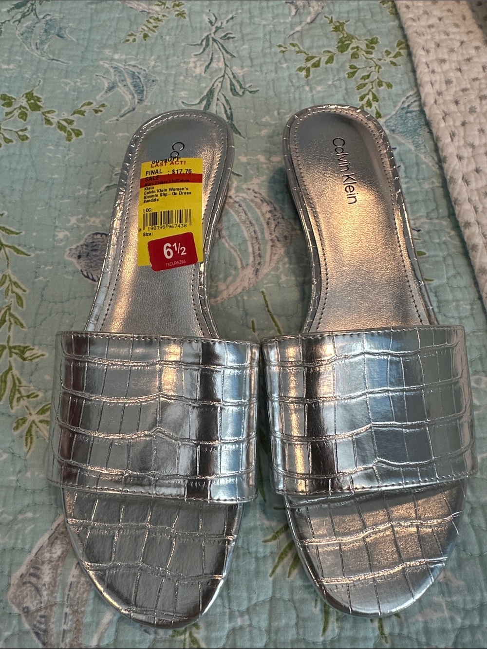 Calvin Klein Metallic Silver Croc-Embossed Slide Mules